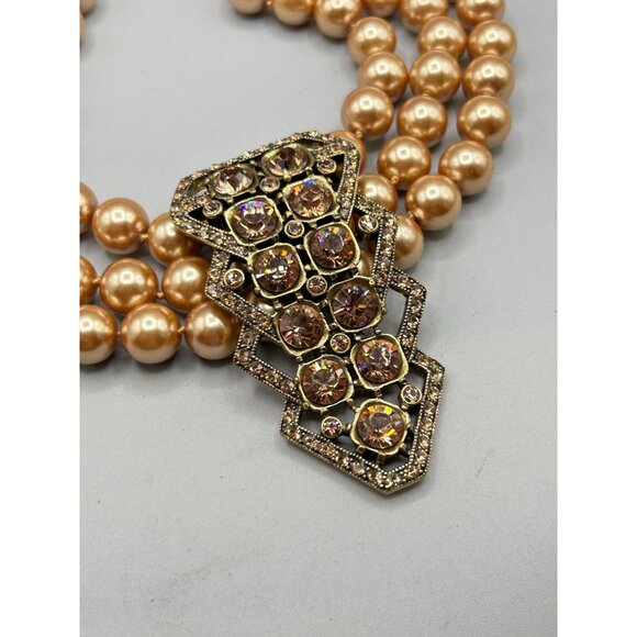 Heidi Daus Champagne Pearls Triple Strand Necklace Large Crystals Pave Pendant - Picture 5 of 8